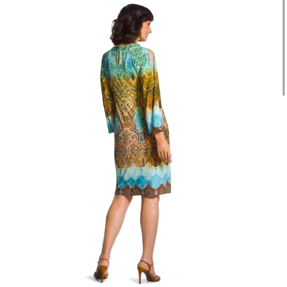 Chico's Paisley Print Cold Shoulder Studded Embellished Shift Dress Size 3 - Picture 4 of 6